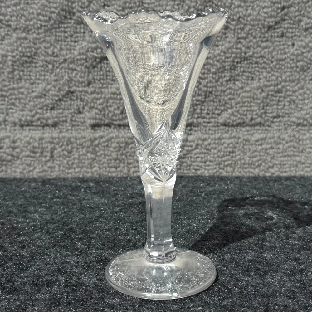 Vintage Clear Pressed Glass Bud Vase Scalloped Rim Star Diamond Pattern 6 Inch